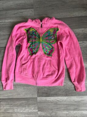 Girls Pink Zip-Up Hoodie with Colorful Butterfly Design